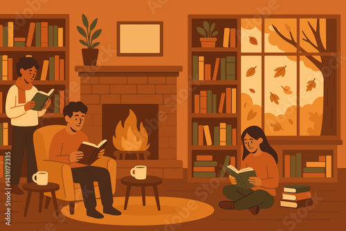 Autumn library scene with bookshelves, a fireplace, readers, and falling leaves outside