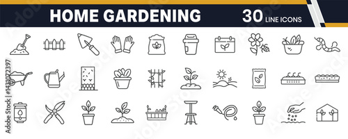 Home Gardening and Urban Farming Icons – Sustainable Planting, Indoor Greens, and Organic Growth Line Icons