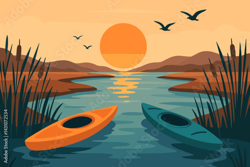 The scene depicts a peaceful estuary coastline with kayaks, reeds, birds, and a vibrant sunset