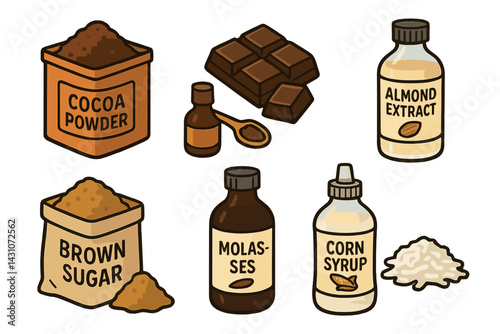 Baking chocolate and cocoa powder are highlighted in ingredient icons for baking