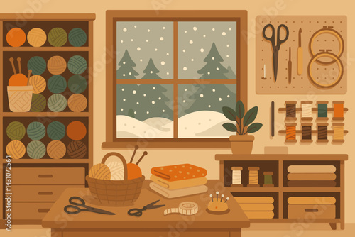 A craft shop in winter is depicted with an assortment of yarn, fabric, and tools, and snow is seen outside
