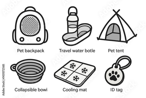 Pet travel gear is represented by icons such as a pet backpack and travel water bottle