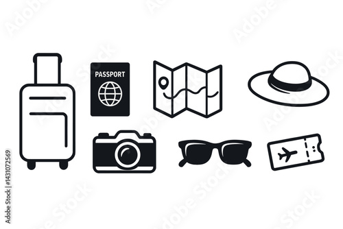 Travel icons featuring suitcase, passport, and camera