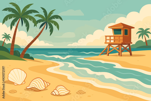 The scene is set on a coastal beach with various elements including seashells, a lifeguard tower, waves, and palm trees