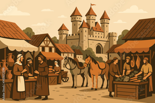 The scene depicts a medieval marketplace complete with numerous stalls, merchants, horses, and a prominent castle