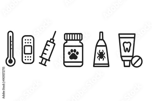 Essential pet health icons include a thermometer and a bandage