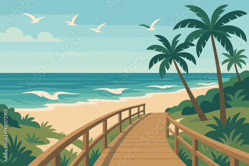 A scenic beach along the coast features a boardwalk, seagulls flying overhead, waves crashing against the shore, and palm trees swaying gently
