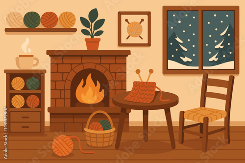 A winter scene is set in a knitting studio with yarn, needles, a fireplace, and snow outside