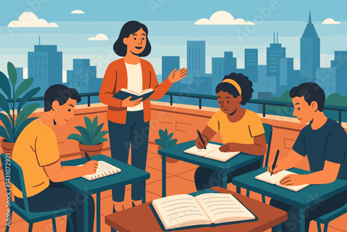 Photography Notebooks and writers abound in an urban rooftop writing retreat, guided by a te