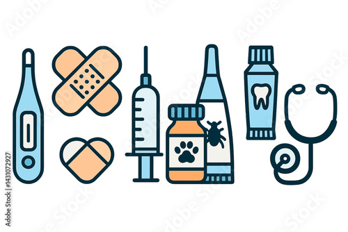 The pet health tool icons include images of a thermometer and bandage