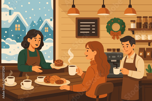 Scene of a coffee shop in winter featuring baristas, coffee, pastries, and snow outside