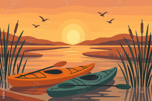 Kayaks, reeds, and birds are set against the stunning backdrop of a coastal estuary at sunset