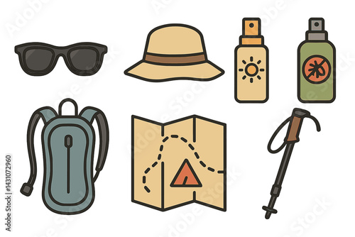Icons of outdoor adventure accessories include sunglasses and a sun hat