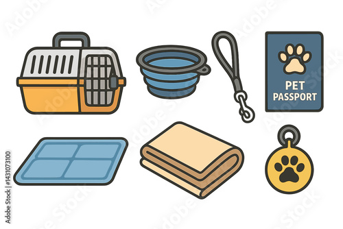 Icons for pet travel that include a carrier and bowl are available