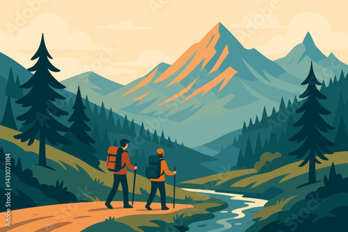 A mountain ridge scene features hikers, pine trees, a stream, and peaks