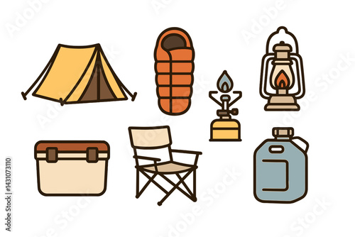 Icons of outdoor camping gear including a tent and sleeping bag are featured