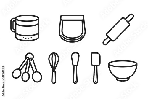 Icons of baking supplies include a flour sifter and pastry blender