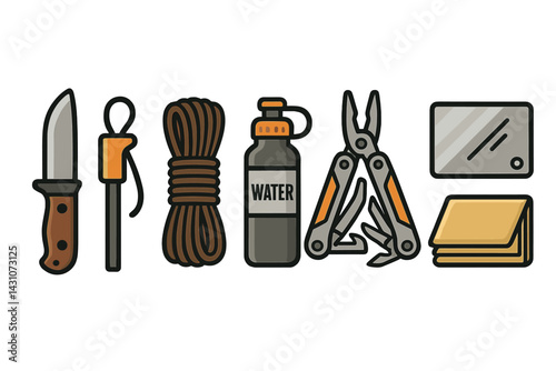 Icons of outdoor survival tools including a knife and a fire starter are featured