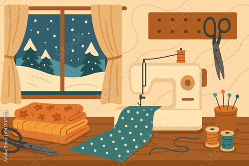 A winter scene is set in a sewing room filled with fabric, a sewing machine, and scissors, while snow falls outside