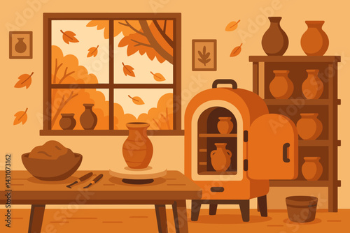 A studio scene of autumn pottery features clay, a kiln, and pots, with falling leaves visible outside