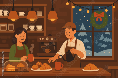 A cozy winter cafe is depicted with baristas, pastries, warm lighting, and a snowy exterior
