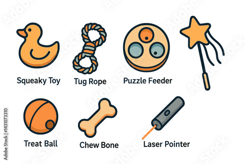 Icons of pet toys include a squeaky toy and a tug rope