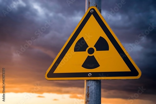 Radiation Warning Sign Against Stormy Sky in the Evening