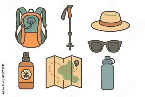 Icons of outdoor adventure accessories include a hydration pack and a trekking pole