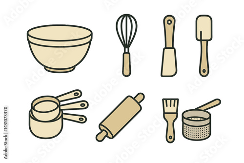 Essential baking icons include a mixing bowl and whisk