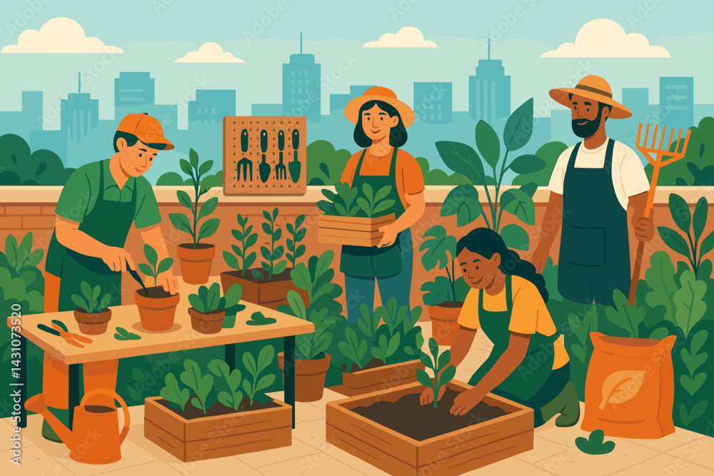 Fototapeta premium Scene of a rooftop gardening workshop in an urban setting featuring various plants, gardening tools, and gardeners with a city skyline view