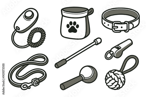 Icons for pet training tools include a clicker and a treat pouch