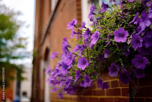 Beautiful purple flowers blooming next to a brick building exterior, creating a striking contrast between nature and architecture.