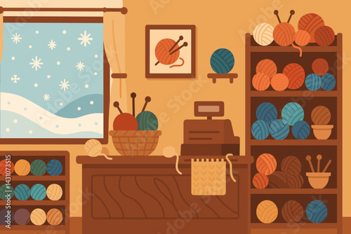 A winter scene is set in a knitting shop, complete with yarn, needles, a counter, and snow falling outside