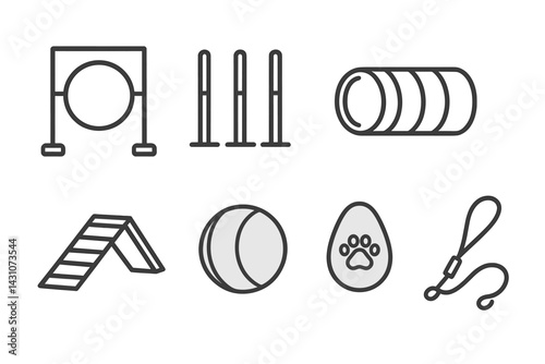 Icons of pet exercise that include an agility hoop and weave poles