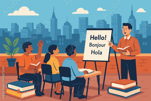 Scene of a language class on an urban rooftop with textbooks, pupils, an instructor, and a cityscape view