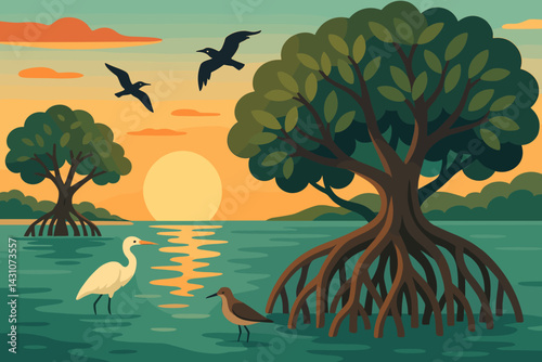 A scenic view of a coastal mangrove with birds, water, roots, and a sunset