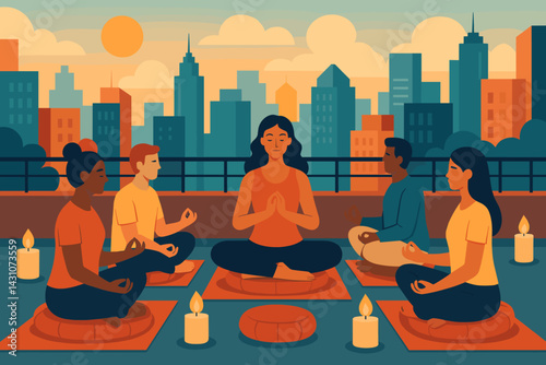 Scene of a meditation class on an urban rooftop featuring cushions, an instructor, candles, and a city skyline