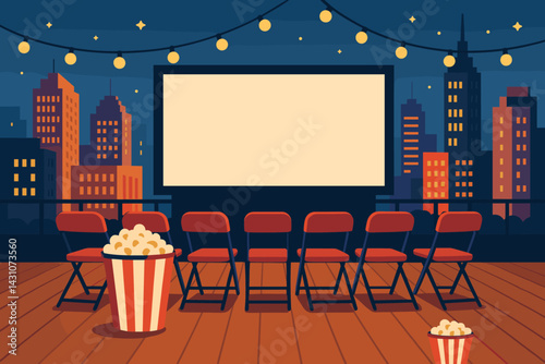 A film festival set amidst a city skyline on a rooftop, complete with a screen, seating, and popcorn