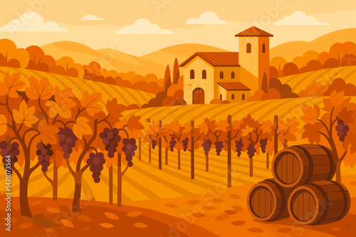 Scene of a vineyard in autumn, featuring grapevines, a winery, barrels, and rolling hills
