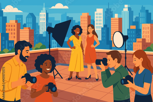 Scene of an urban rooftop photography workshop featuring cameras, models, lights, and city views