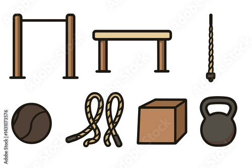 Icons of outdoor fitness equipment include a pull-up bar and balance beam