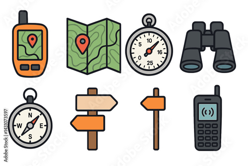 Icons for navigating outdoors include a GPS device and a topographic map