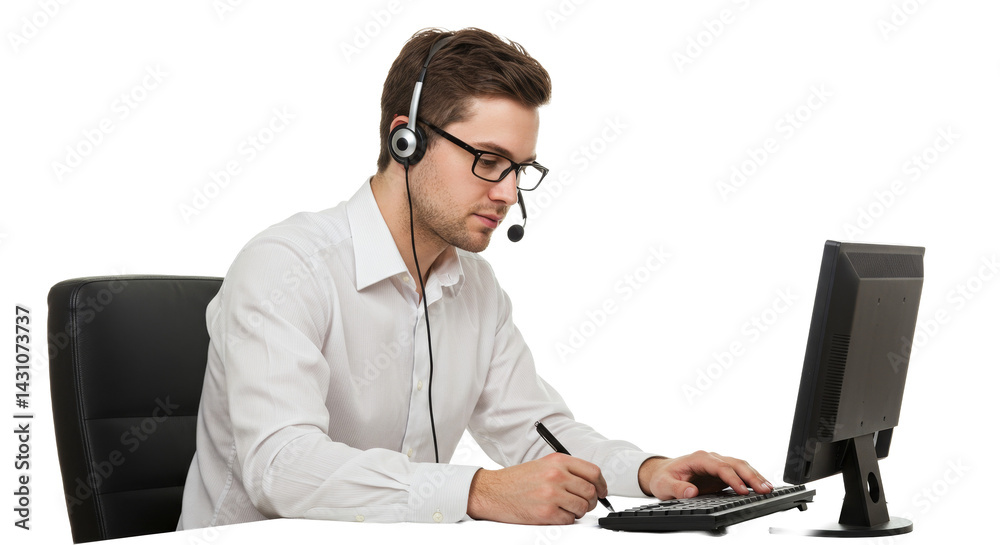 A customer service man wearing a headset and glasses, working on the computer, transparent. A customer service man wearing a headset and glasses, working on the computer, transparent.