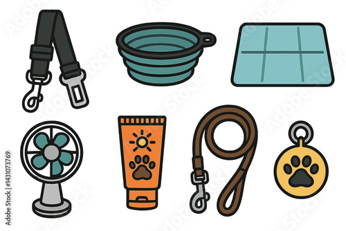 Icons of pet travel accessories include a pet seatbelt and a travel bowl