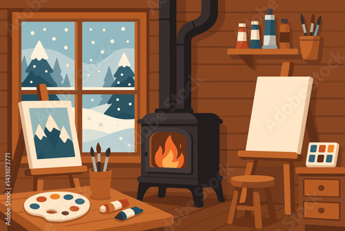 Scene of a winter art studio with easels, paints, a stove, and snow visible outside