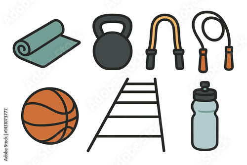 Icons of outdoor fitness that include a yoga mat and a kettlebell