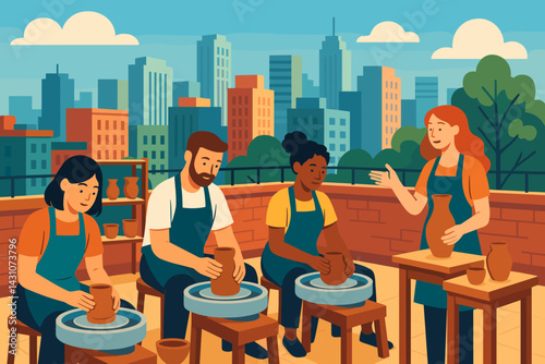 Scene of a pottery class on an urban rooftop featuring clay, wheels, students, and a city view