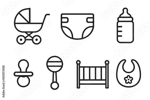 Icons of babies that include a stroller and diaper are featured