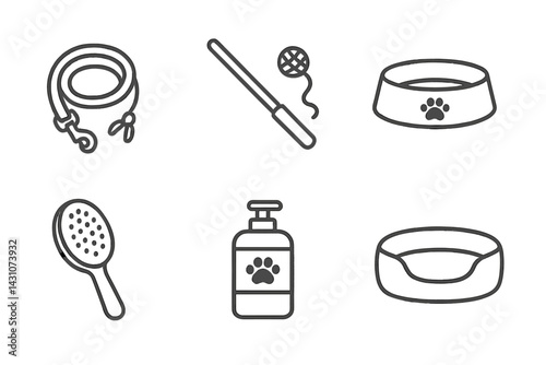 Icons for pet care that include a dog leash and a pet bowl are available
