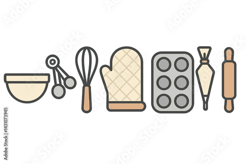 Icons of baking that include a mixing bowl and whisk are featured